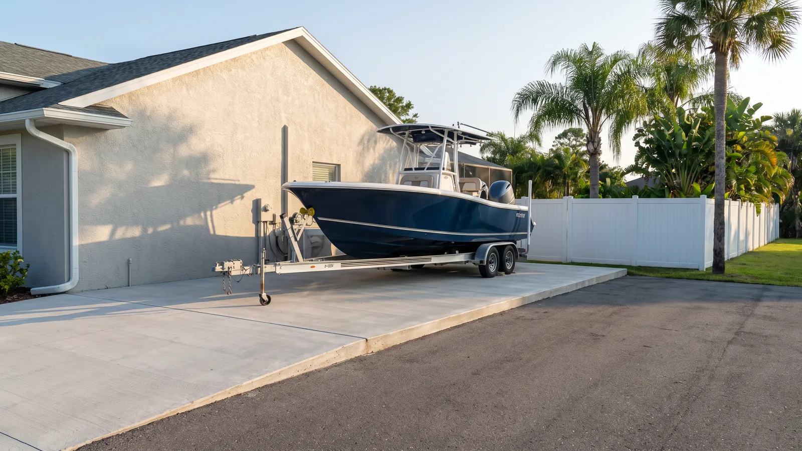 Reinforced concrete boat pad beside a house with a center-console boat on a trailer parked on it