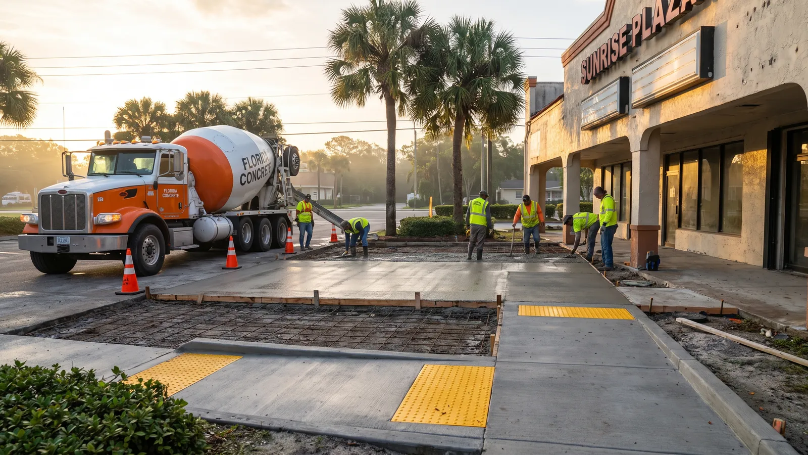 Crew pouring a reinforced commercial dumpster pad and ADA sidewalk at a strip center in Palm Coast