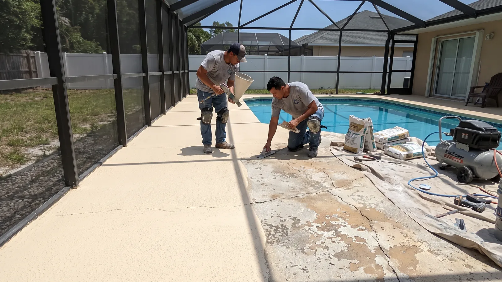 Crew spraying and knocking down an acrylic cool-deck overlay on an older pool deck around a backyard pool