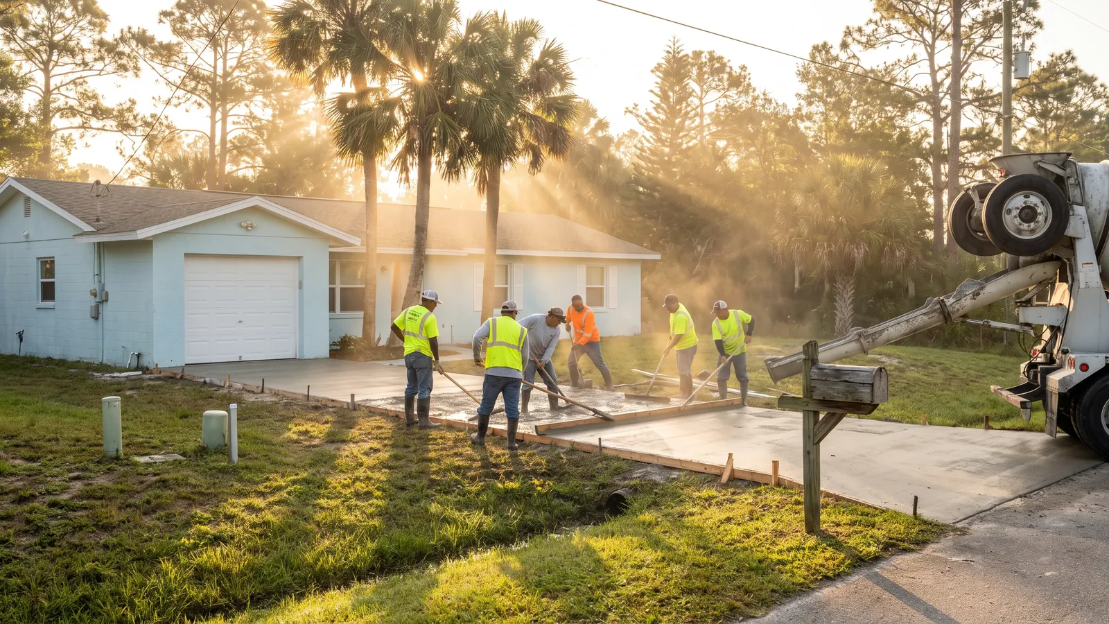 Concrete crew screeding a new driveway at a stucco home in Palm Coast, Florida, with a grassy roadside swale and palms in front