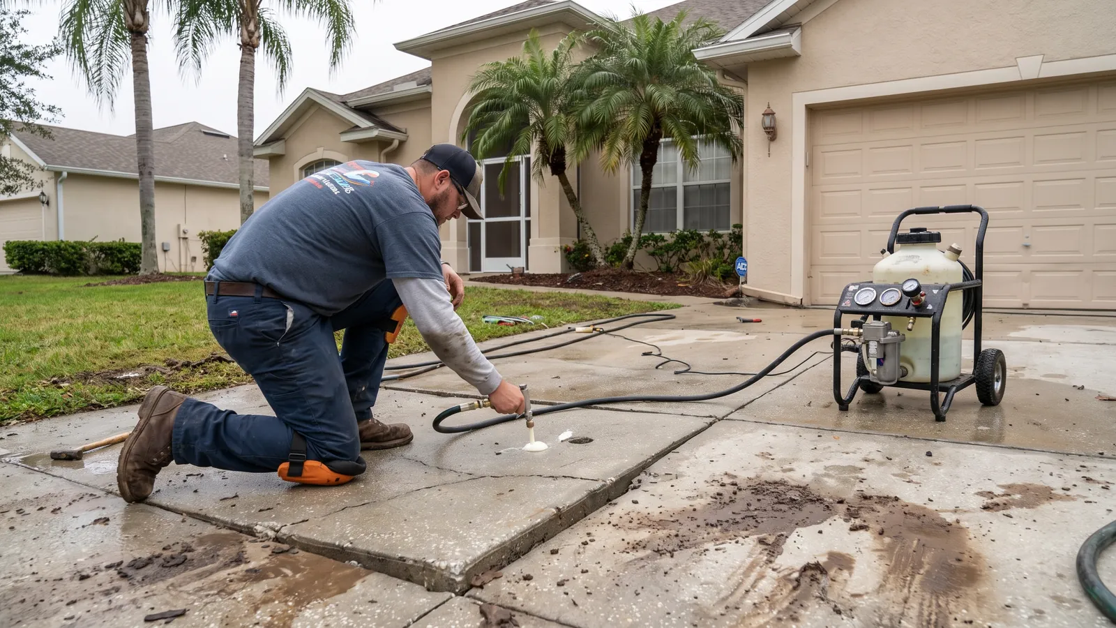 Technician injecting polyurethane foam through small holes to lift a sunken concrete driveway panel