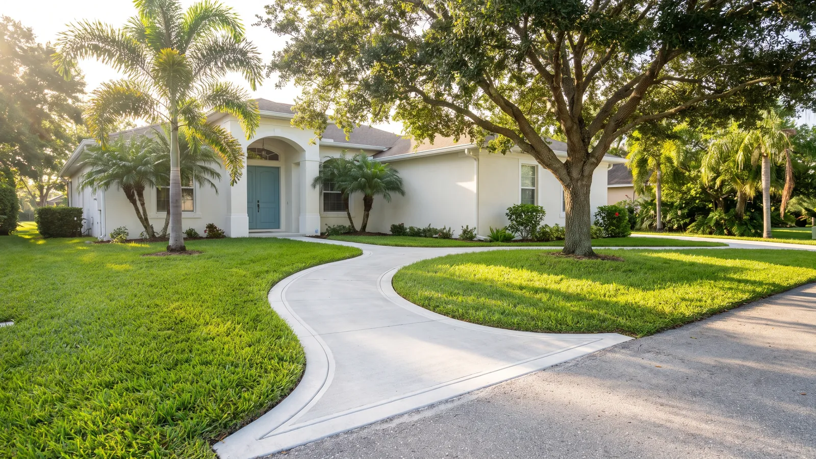 Curved broom-finished concrete front walkway with a smooth border leading to the entry of a stucco home under palms