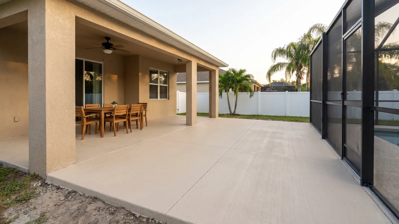 Broom-finished concrete patio extension poured beyond a covered lanai at a Florida block home with a screened pool cage
