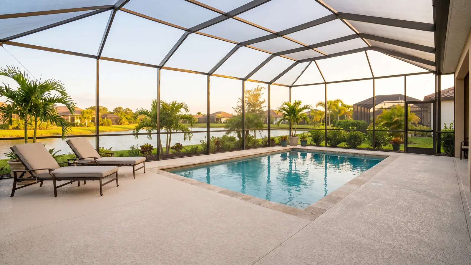 Freshly finished textured concrete pool deck inside a screened enclosure at a Palm Coast home