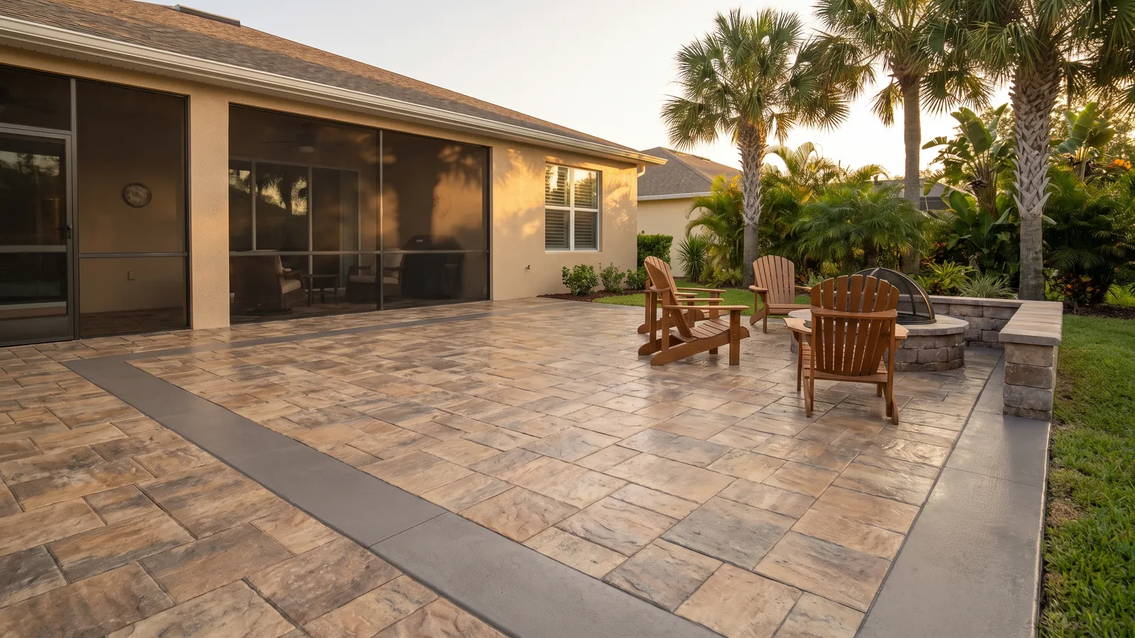 Stamped concrete patio in an ashlar slate pattern with a contrasting border behind a Florida home