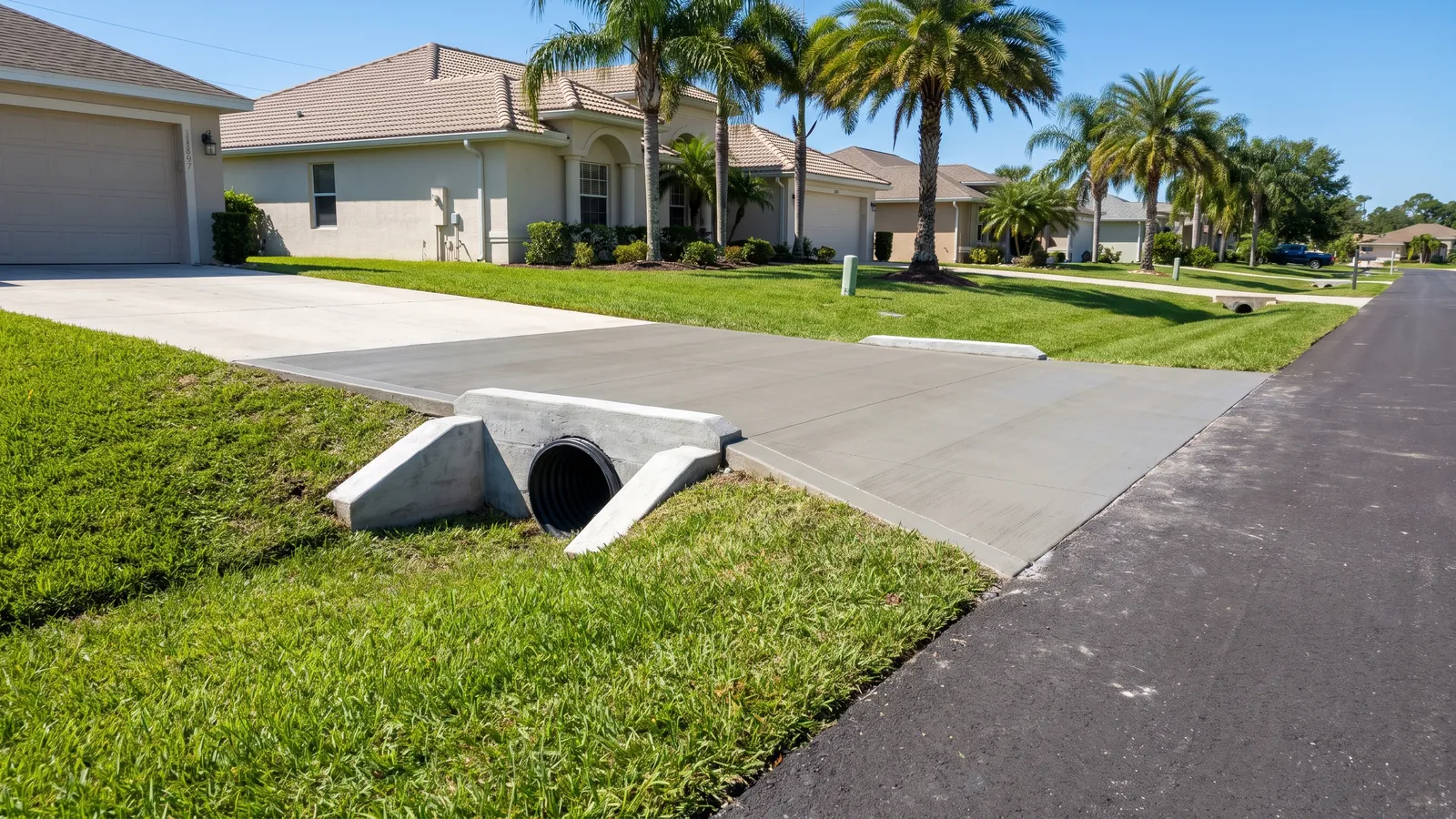 New concrete driveway apron crossing a roadside swale with a culvert pipe and poured mitered end sections on a Palm Coast street