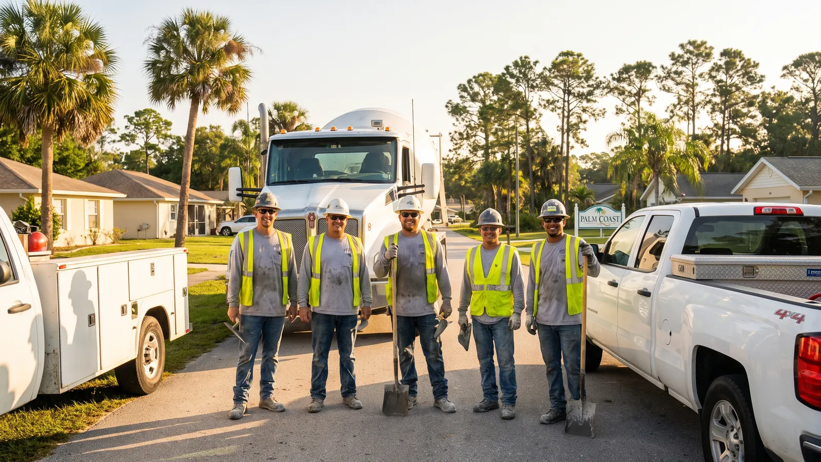 The Palm Coast Concrete Co. crew in front of a ready-mix truck and their pickup on a Palm Coast street lined with pines
